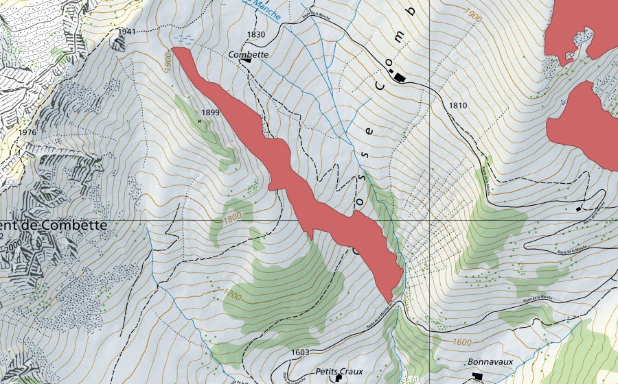 Carte nationale swisstopo avec le périmètre protégé de Combette (Prairie sèche)