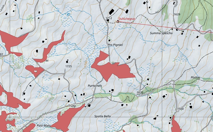 Landeskarte swisstopo mit dem Schutzperimeter von Combras (Trockenwiese)