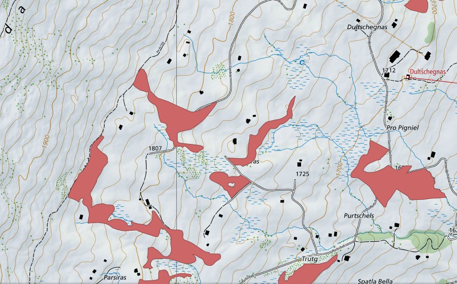 Landeskarte swisstopo mit dem Schutzperimeter von Combras (Trockenwiese)
