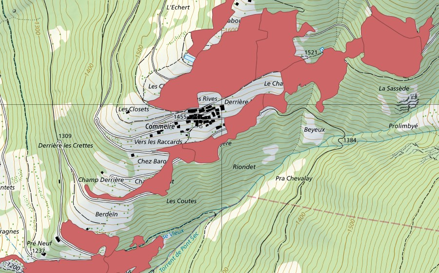 Landeskarte swisstopo mit dem Schutzperimeter von Commeire (Trockenwiese)
