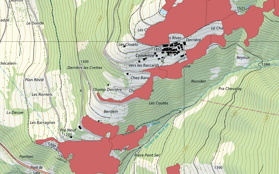 swisstopo national map showing the protected perimeter of Commeire (Dry meadow)