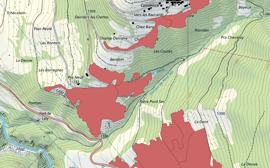 swisstopo national map showing the protected perimeter of Commeire (Dry meadow)