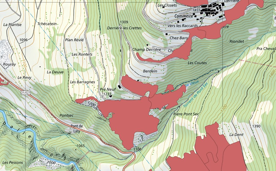 swisstopo national map showing the protected perimeter of Commeire (Dry meadow)