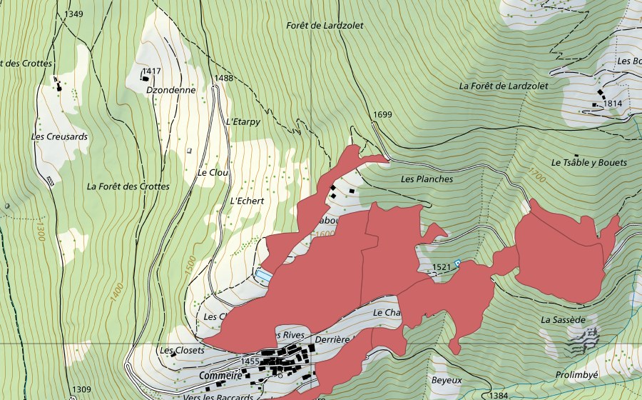Landeskarte swisstopo mit dem Schutzperimeter von Commeire (Trockenwiese)