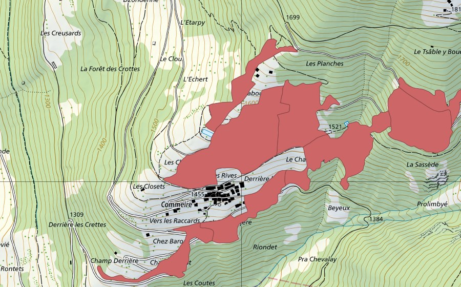 Carte nationale swisstopo avec le périmètre protégé de Commeire (Prairie sèche)
