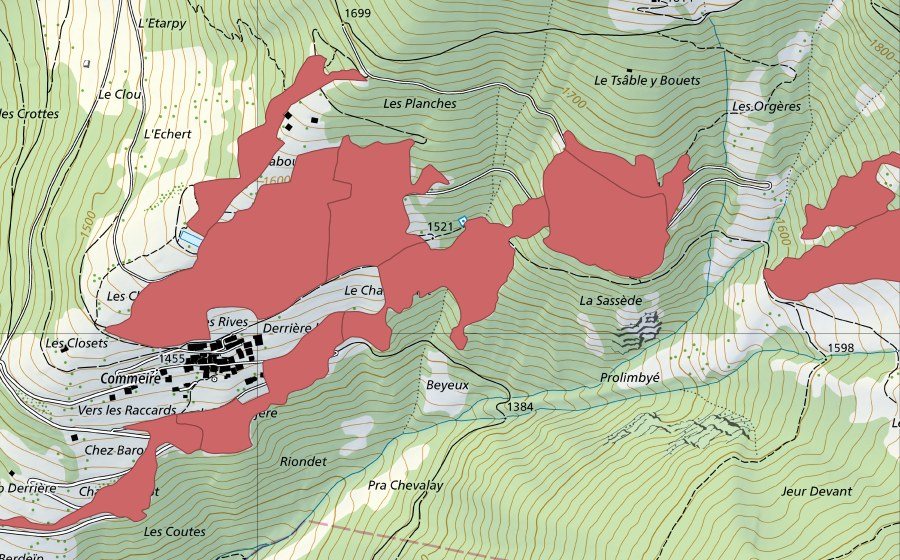 swisstopo national map showing the protected perimeter of Commeire (Dry meadow)