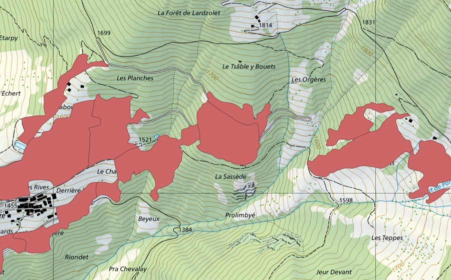 swisstopo national map showing the protected perimeter of Commeire (Dry meadow)