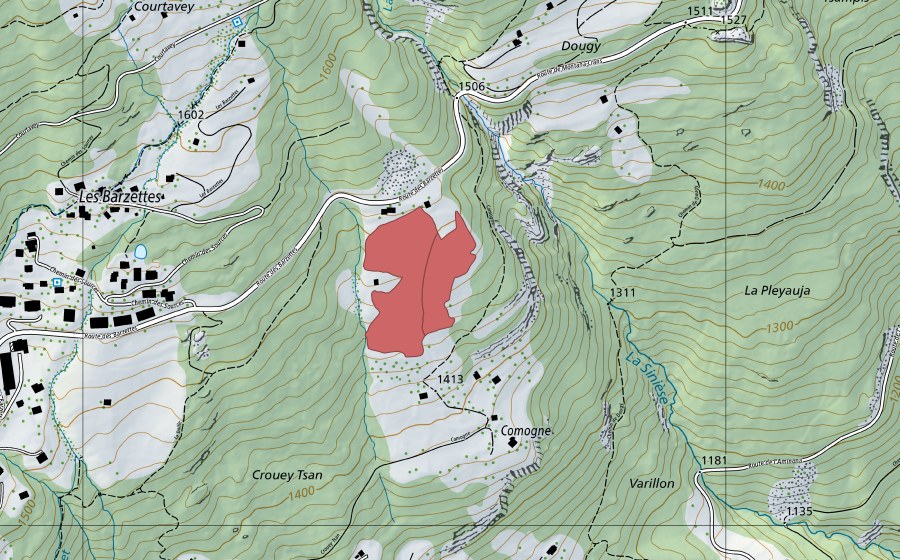 Carte nationale swisstopo avec le périmètre protégé de Comogne (Prairie sèche)