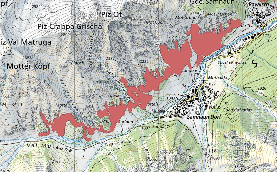 swisstopo national map showing the protected perimeter of Compradont (Dry meadow)