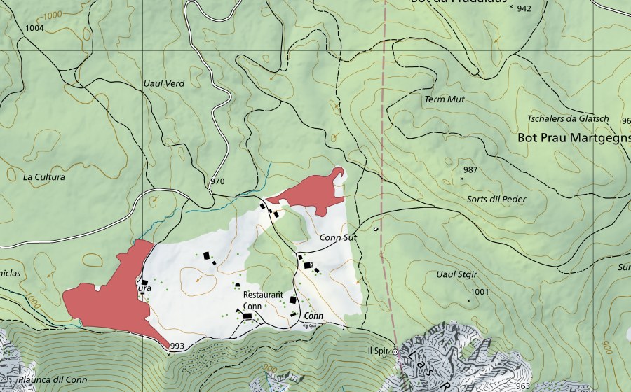 Carte nationale swisstopo avec le périmètre protégé de Conn (Prairie sèche)