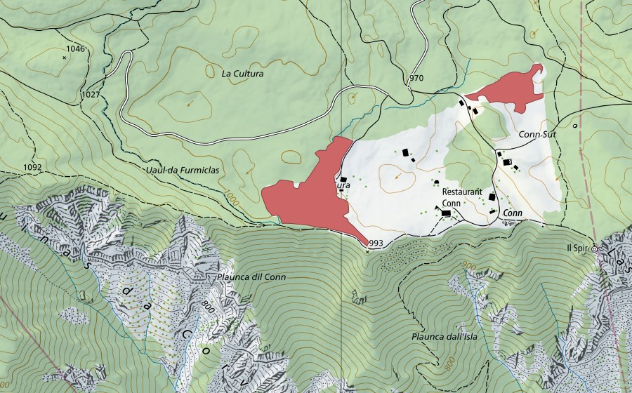 swisstopo national map showing the protected perimeter of Conn (Dry meadow)