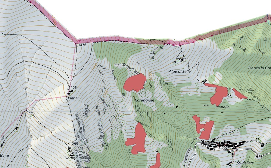 Landeskarte swisstopo mit dem Schutzperimeter von Corengiole (Trockenwiese)