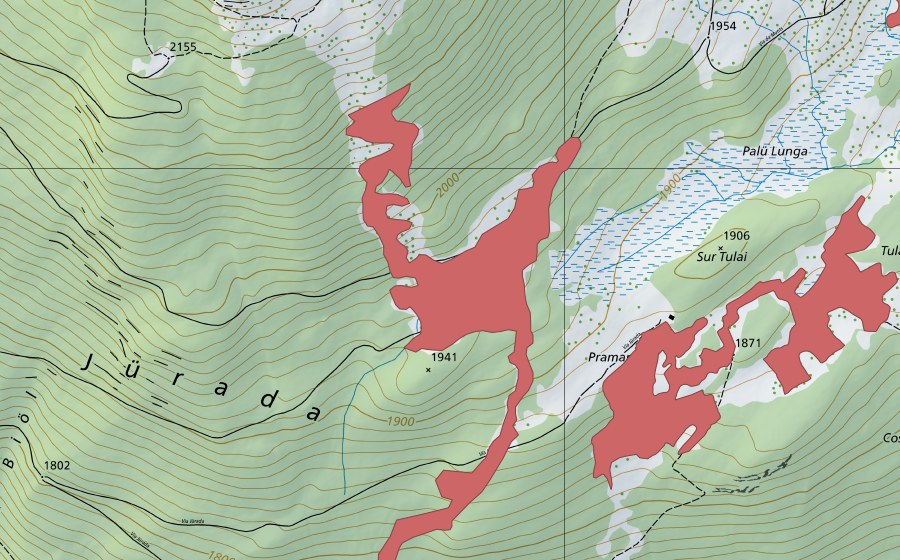 swisstopo national map showing the protected perimeter of Costa Tulai (Dry meadow)