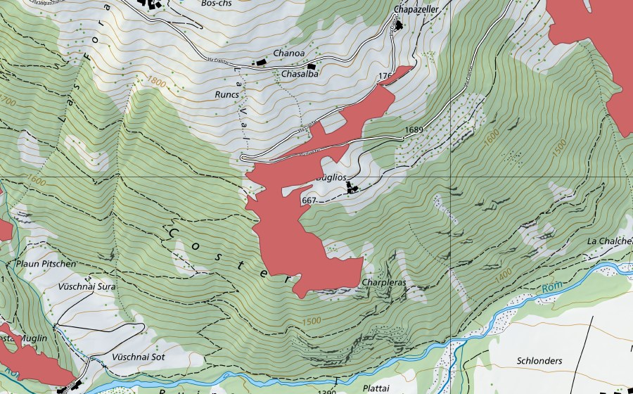 swisstopo national map showing the protected perimeter of Costeras (Dry meadow)