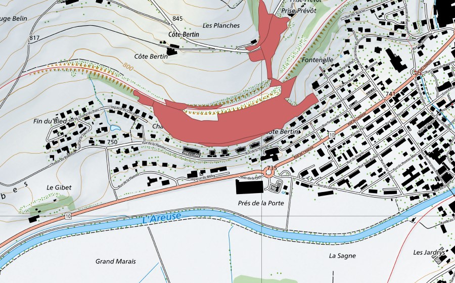 Landeskarte swisstopo mit dem Schutzperimeter von Côte Bertin (Trockenwiese)