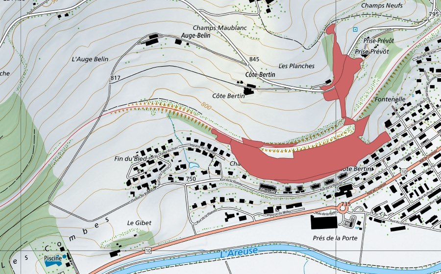 Carte nationale swisstopo avec le périmètre protégé de Côte Bertin (Prairie sèche)