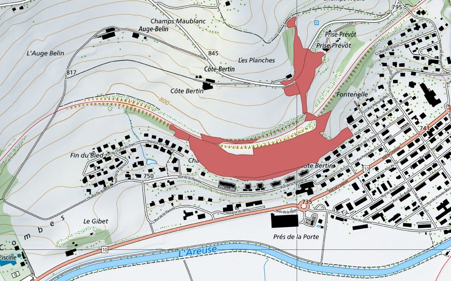 Landeskarte swisstopo mit dem Schutzperimeter von Côte Bertin (Trockenwiese)