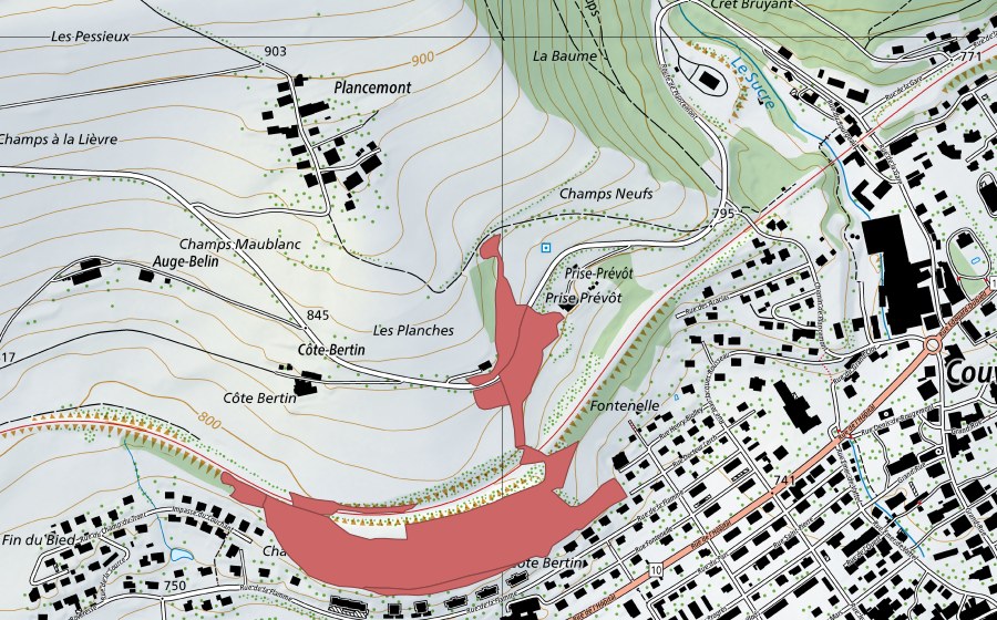Carte nationale swisstopo avec le périmètre protégé de Côte Bertin (Prairie sèche)