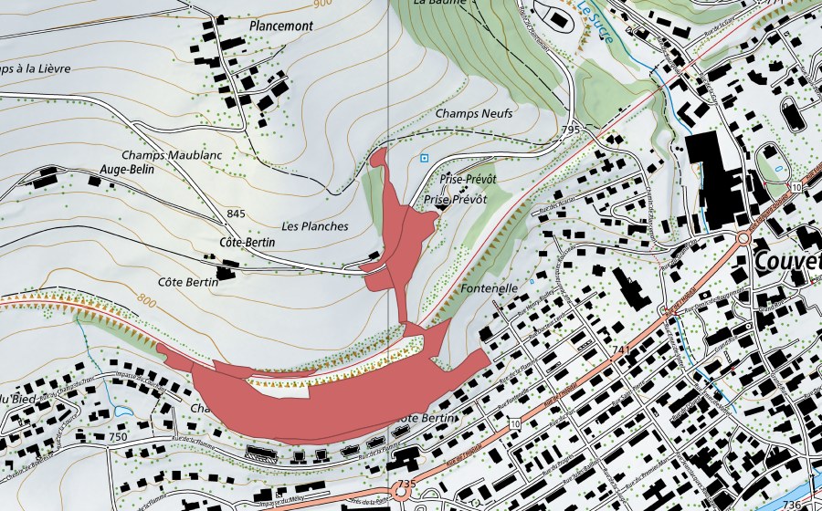 Carte nationale swisstopo avec le périmètre protégé de Côte Bertin (Prairie sèche)