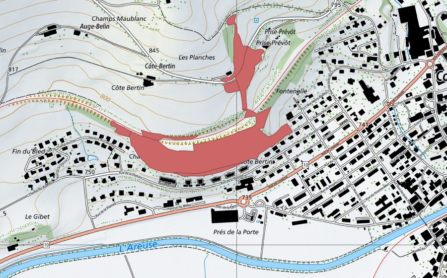 Carte nationale swisstopo avec le périmètre protégé de Côte Bertin (Prairie sèche)