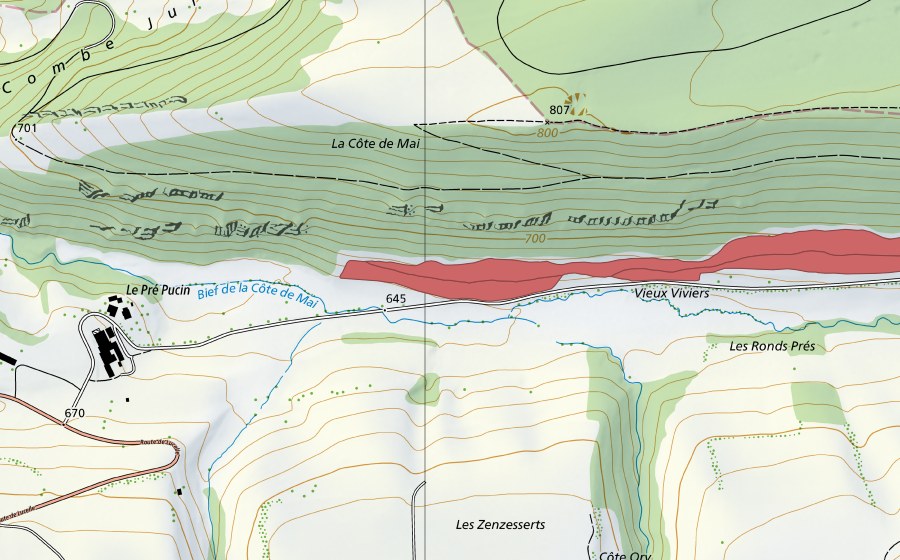 Carte nationale swisstopo avec le périmètre protégé de Côte de Mai (Prairie sèche)