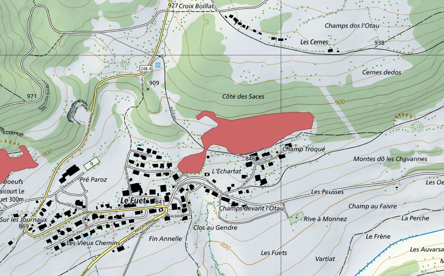 Carte nationale swisstopo avec le périmètre protégé de Côte des Sauces (Prairie sèche)