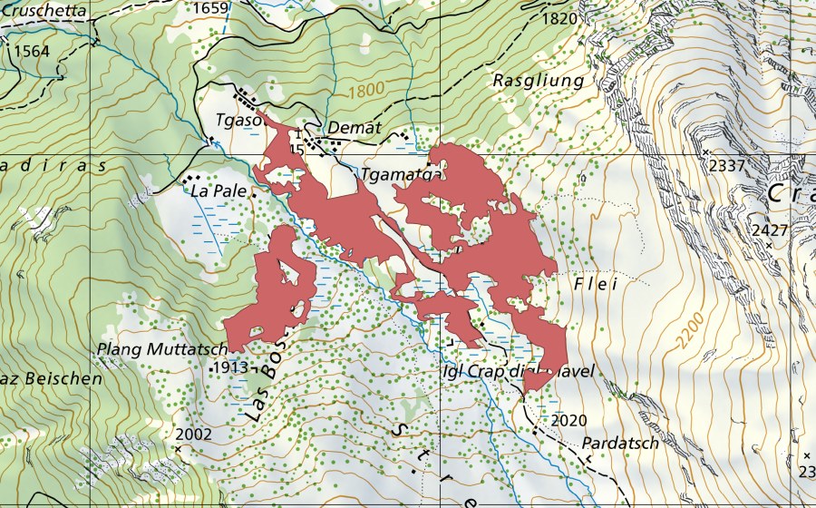 Carte nationale swisstopo avec le périmètre protégé de Crap digl Diavel (Prairie sèche)