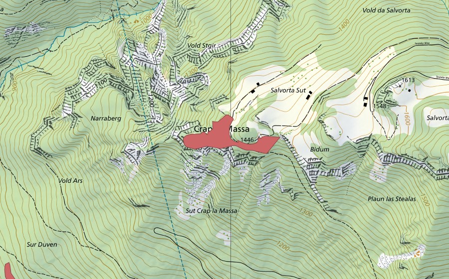 Landeskarte swisstopo mit dem Schutzperimeter von Crap la Massa (Trockenwiese)