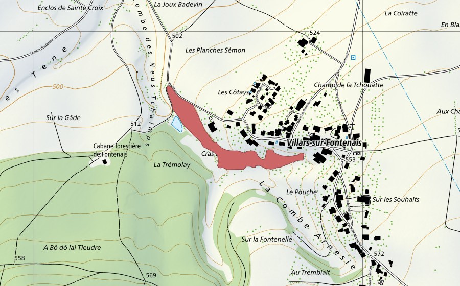 Carte nationale swisstopo avec le périmètre protégé de Cras des Côtays (Prairie sèche)