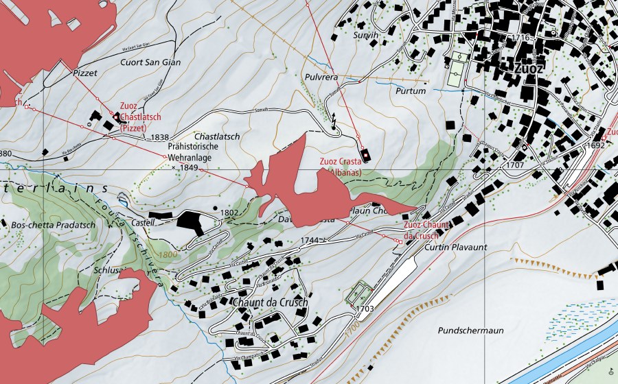 Landeskarte swisstopo mit dem Schutzperimeter von Crasta (Trockenwiese)