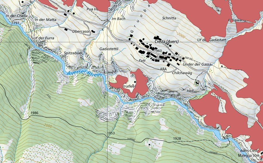 swisstopo national map showing the protected perimeter of Cresta (Dry meadow)