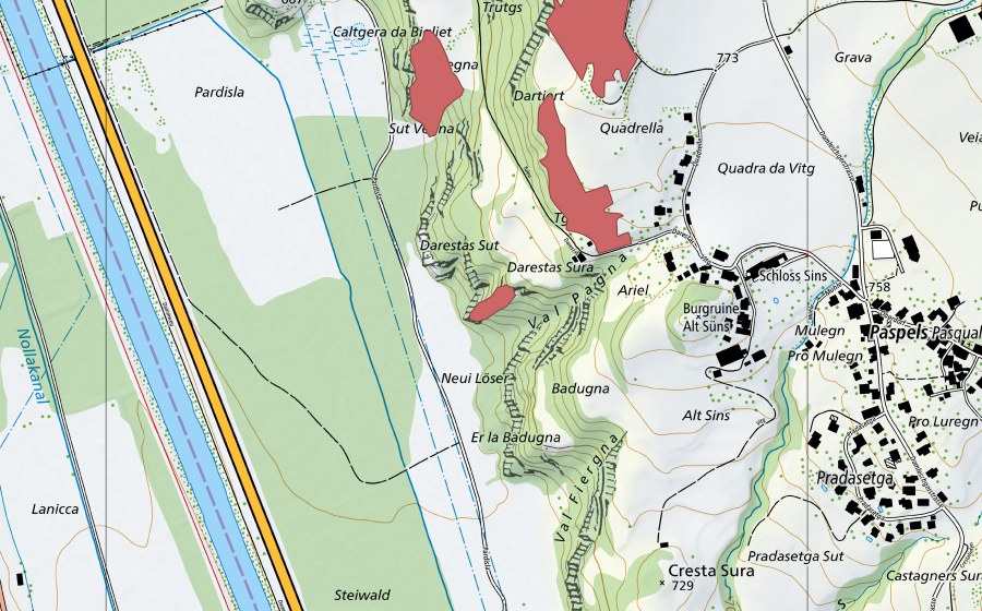 Landeskarte swisstopo mit dem Schutzperimeter von Cresta Sut (Trockenwiese)