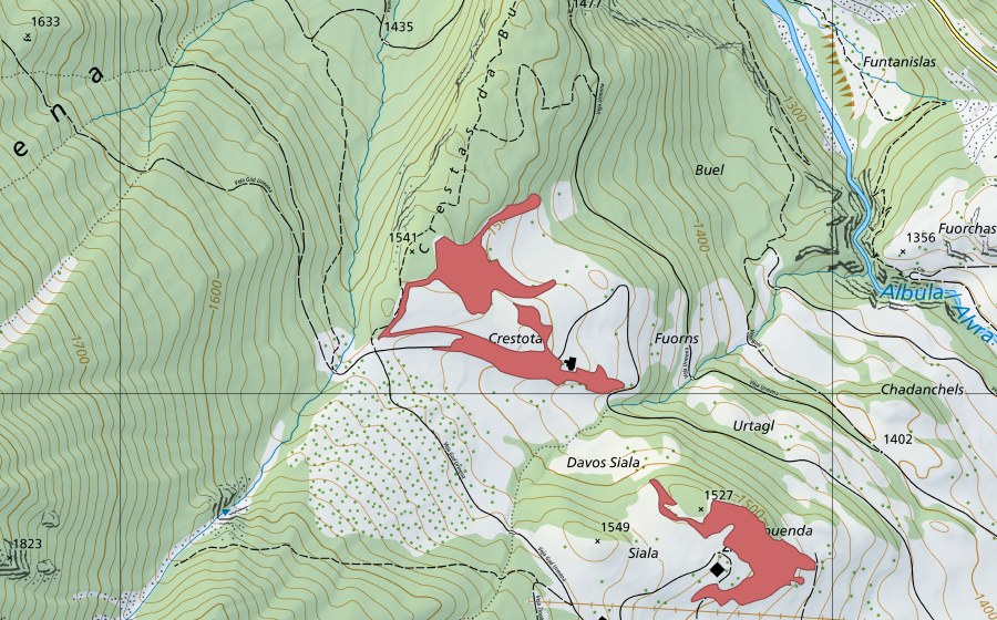 Carte nationale swisstopo avec le périmètre protégé de Crestota (Prairie sèche)