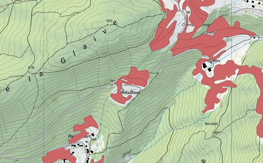 Carte nationale swisstopo avec le périmètre protégé de Crêt à Tavez (Prairie sèche)