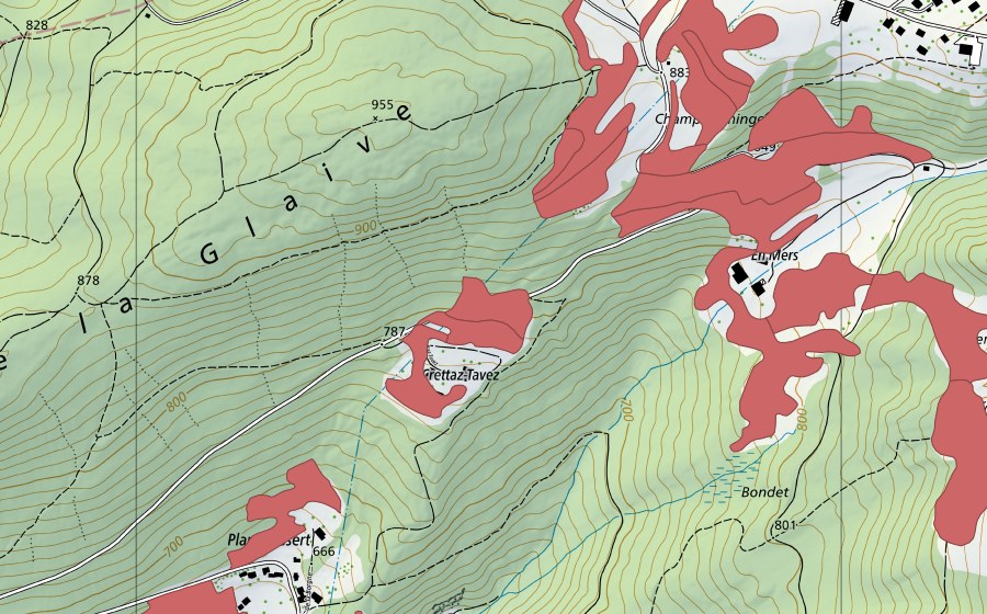 Landeskarte swisstopo mit dem Schutzperimeter von Crêt à Tavez (Trockenwiese)