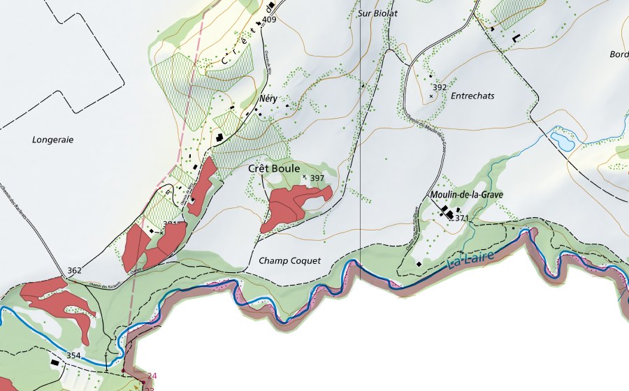 Carte nationale swisstopo avec le périmètre protégé de Crêt Boule (Prairie sèche)