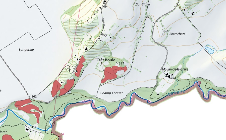 swisstopo national map showing the protected perimeter of Crêt Boule (Dry meadow)