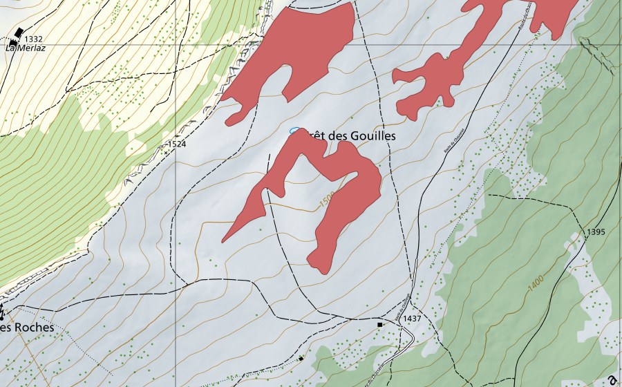 Carte nationale swisstopo avec le périmètre protégé de Crêt des Gouilles (Prairie sèche)