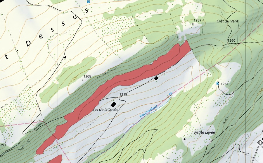 Landeskarte swisstopo mit dem Schutzperimeter von Crêt du Cervelet (Trockenwiese)