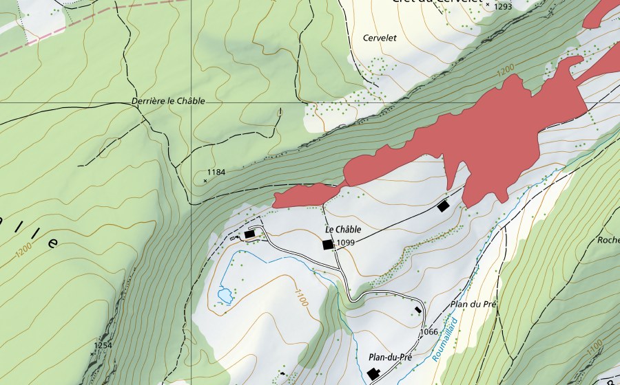 Carte nationale swisstopo avec le périmètre protégé de Crêt du Cervelet (Prairie sèche)