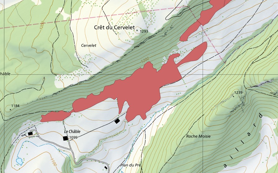 Landeskarte swisstopo mit dem Schutzperimeter von Crêt du Cervelet (Trockenwiese)