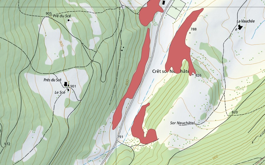 Carte nationale swisstopo avec le périmètre protégé de Crêt sor Neuchâtel (Prairie sèche)