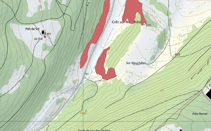 swisstopo national map showing the protected perimeter of Crêt sor Neuchâtel (Dry meadow)