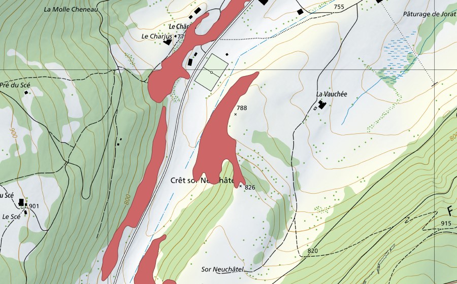 Landeskarte swisstopo mit dem Schutzperimeter von Crêt sor Neuchâtel (Trockenwiese)