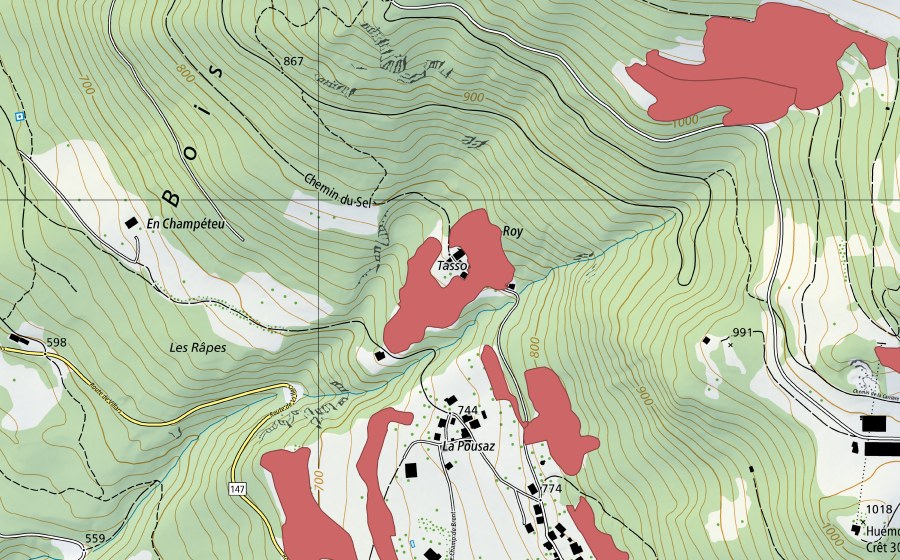 Carte nationale swisstopo avec le périmètre protégé de Crête d'Auliens (Prairie sèche)