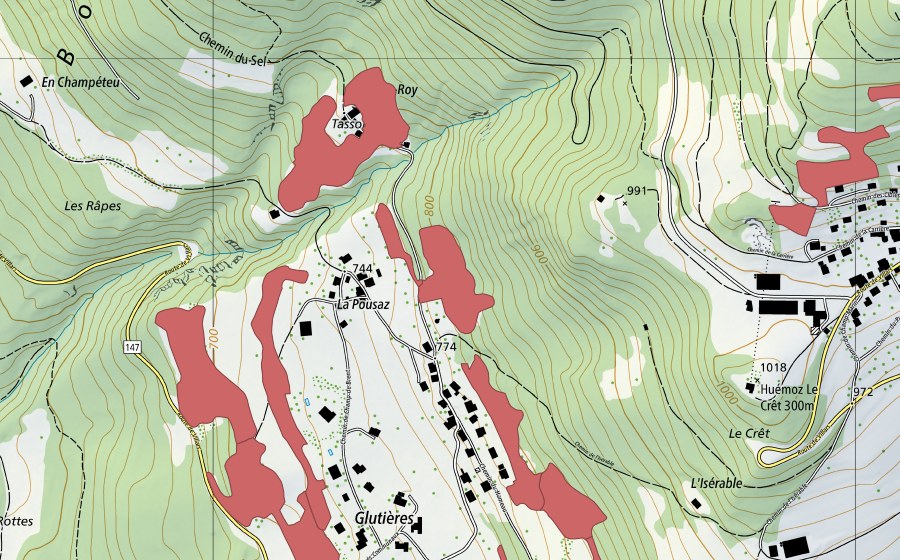 swisstopo national map showing the protected perimeter of Crête d'Auliens (Dry meadow)