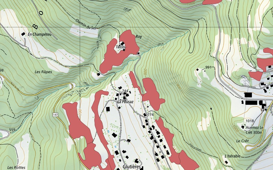 Landeskarte swisstopo mit dem Schutzperimeter von Crête d'Auliens (Trockenwiese)