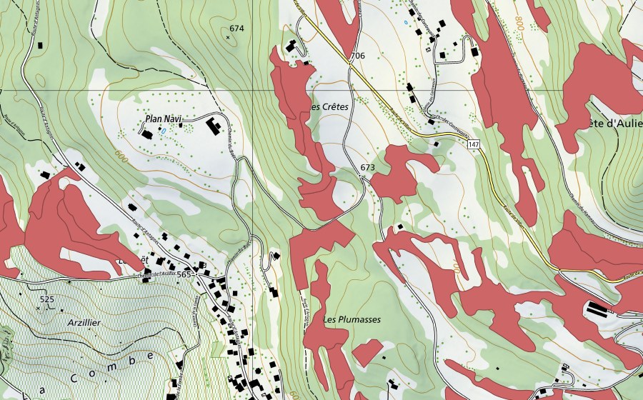 swisstopo national map showing the protected perimeter of Crête d'Auliens (Dry meadow)