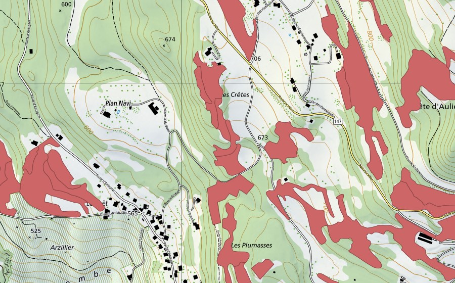 swisstopo national map showing the protected perimeter of Crête d'Auliens (Dry meadow)