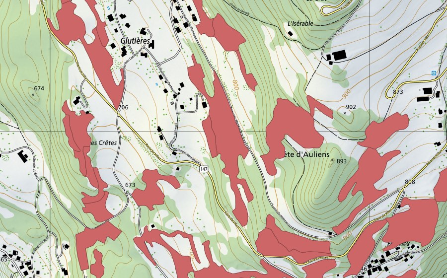Landeskarte swisstopo mit dem Schutzperimeter von Crête d'Auliens (Trockenwiese)